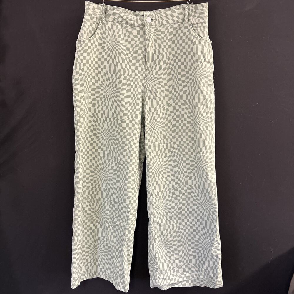 J.NNA Woman’s L Checkered Print Green Wide Leg Pants Hippie Boho Retro 70s Vibe